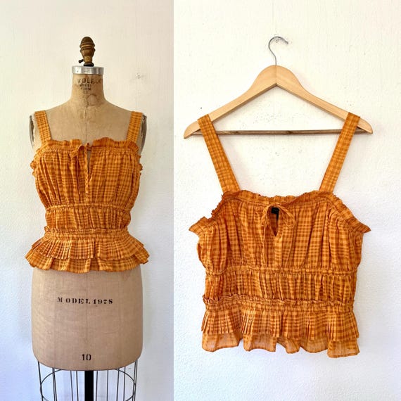 checkered country blouse / tank top / saffron ruffled blouse