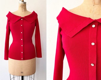 vintage red blouse / red holiday sweater / ribbed wide collar sweater