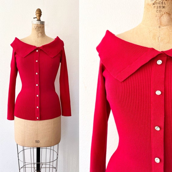 vintage red blouse / red holiday sweater / ribbed wide collar sweater
