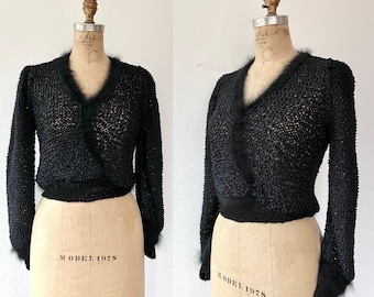 vintage ribbon sweater / 80s black sweater / Woven Ribbon & Fur sweater