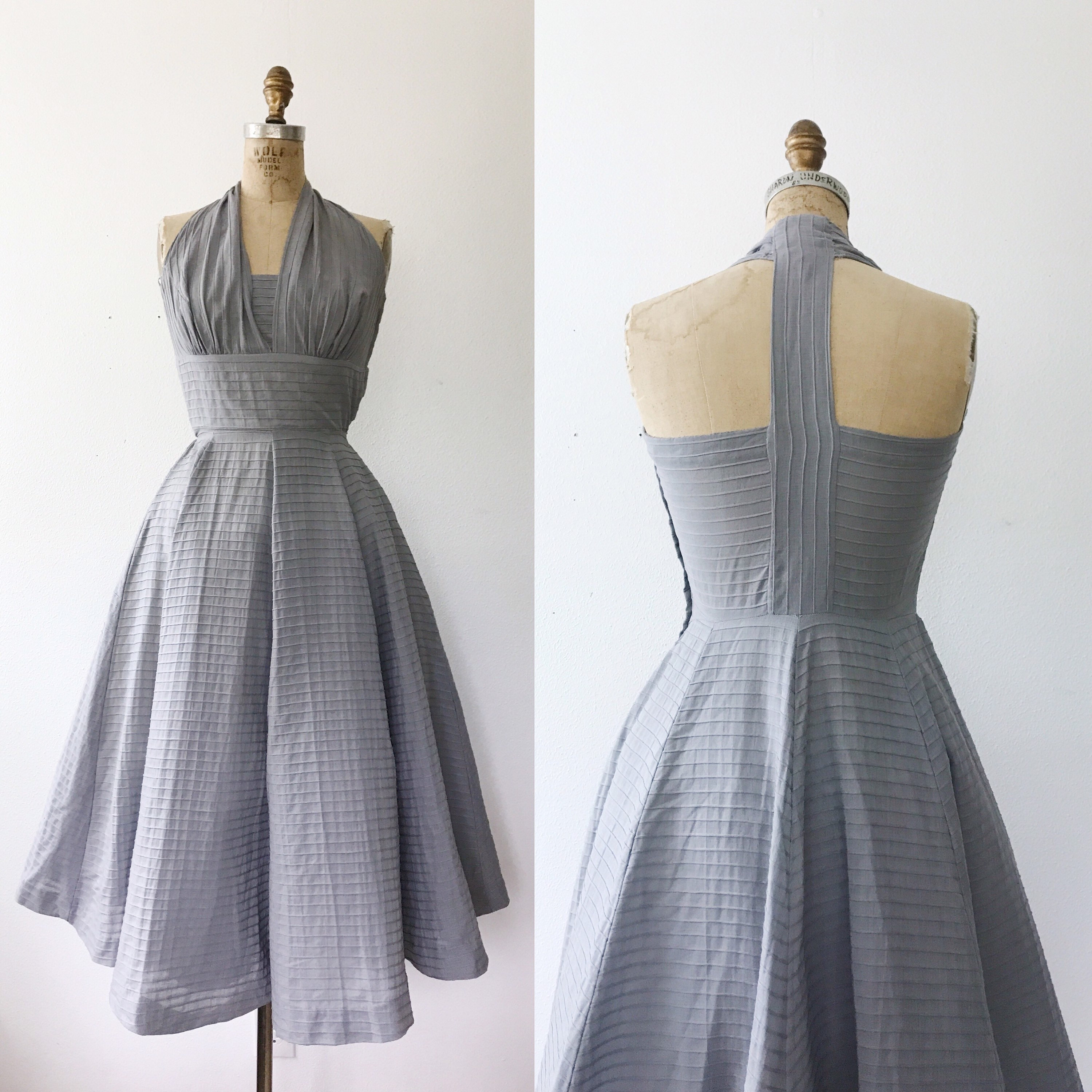 1950s dress / vintage halter dress / 50s Gray Cotton dress