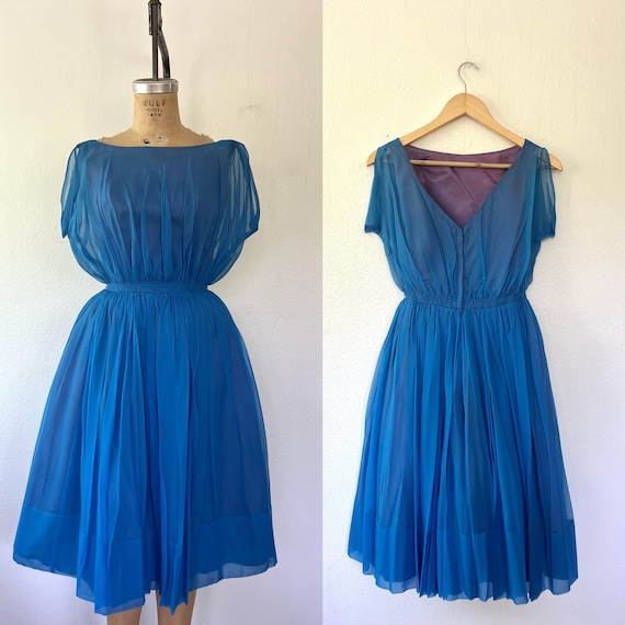 1950s vintage dress / blue silk dress / chiffon party dress