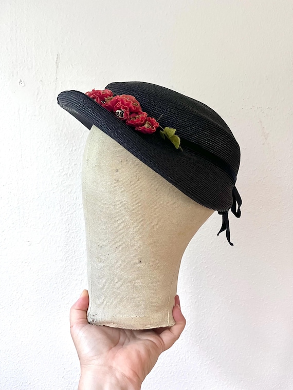 vintage Poppy hat / 1950s woven navy hat / Summer Poppies hat