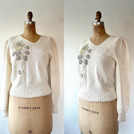 vintage 80s sweater / beaded sweater / Rose knit sweater