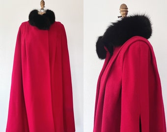 vintage wool cloak / vintage red cape / 80s wool & fur cape