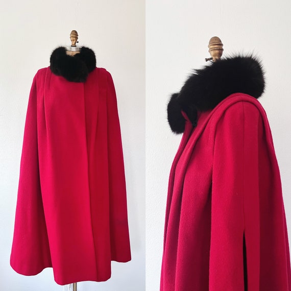 vintage wool cloak / vintage red cape / 80s wool & fur cape