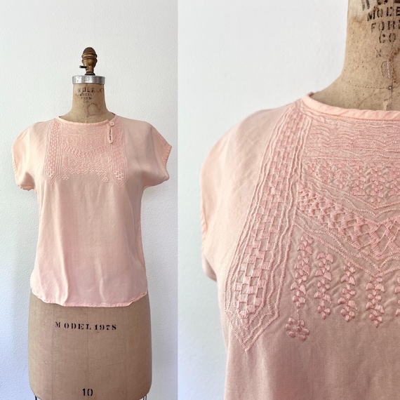 vintage rayon blouse / 80s peach blouse / embroidered blouse