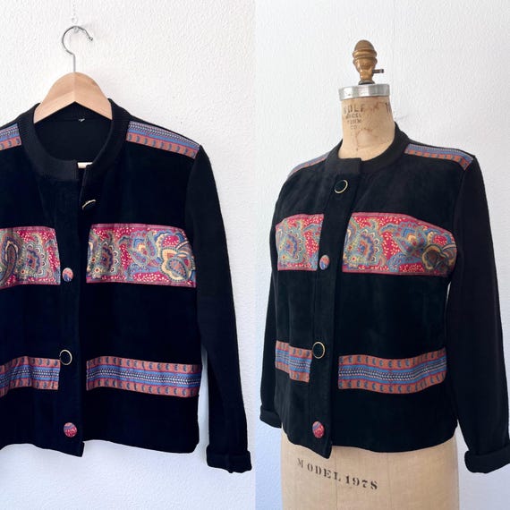 vintage quilted jacket / black suede jacket / multi-color Asquith Jacket