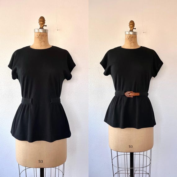 vintage 70s blouse / black peplum blouse / knit jersey blouse