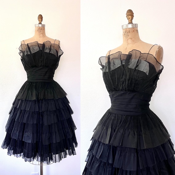 1950s dress / vintage pleated ruffle dress / 1950s black party dress