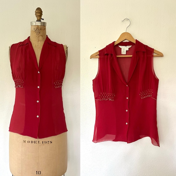 red silk blouse / silk dress blouse / smocked chiffon shirt