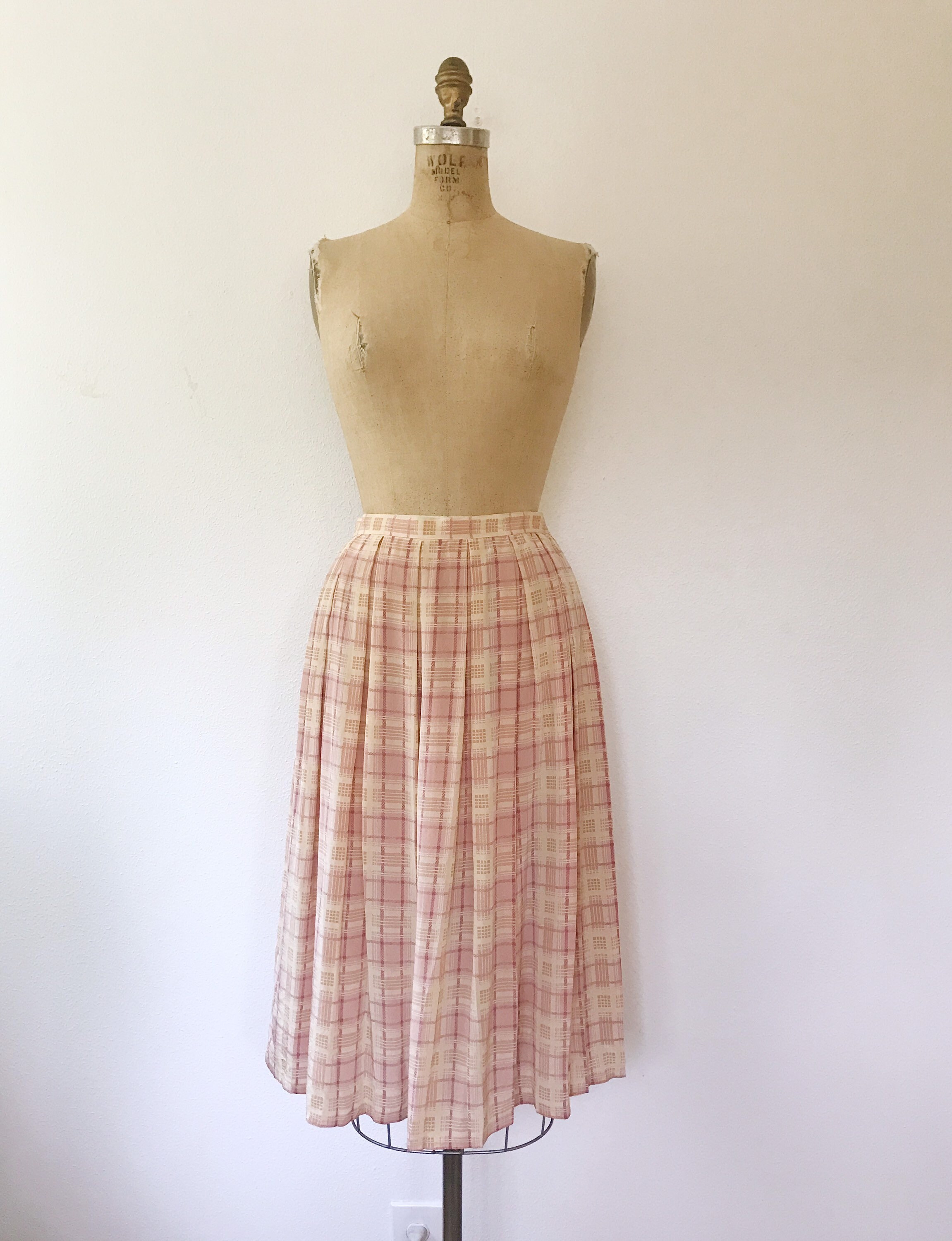 vintage silk skirt / silk pleated skirt / peach plaid skirt