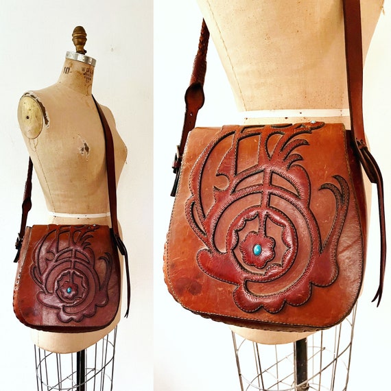 70s leather shoulder bag / boho leather handbag / Waitkus leather handbag