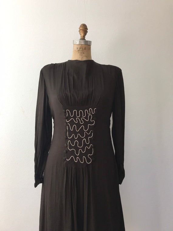 1930s dress / 30s Chocolate silk dress / Soutache… - image 2