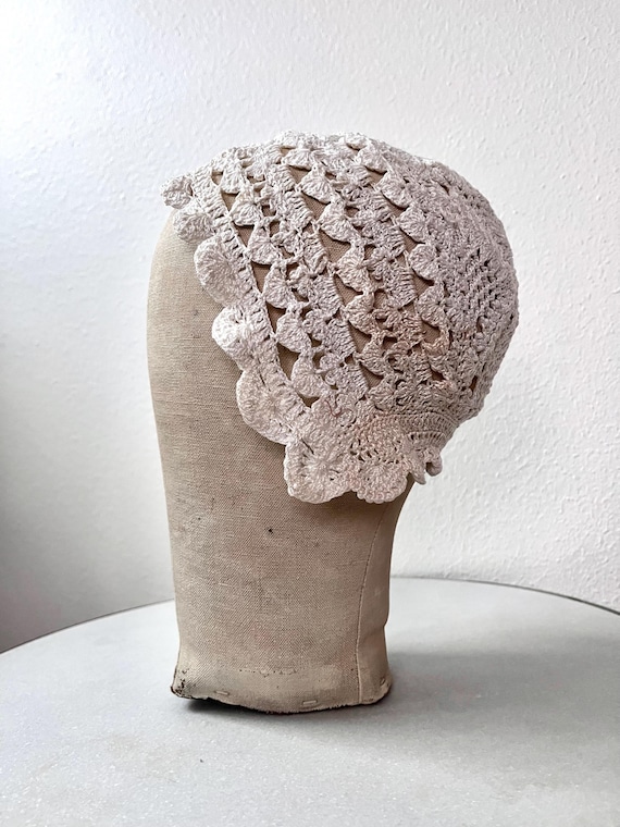vintage lace bonnet / lace bed hat / Sweet Nothings crochet boudoir cap