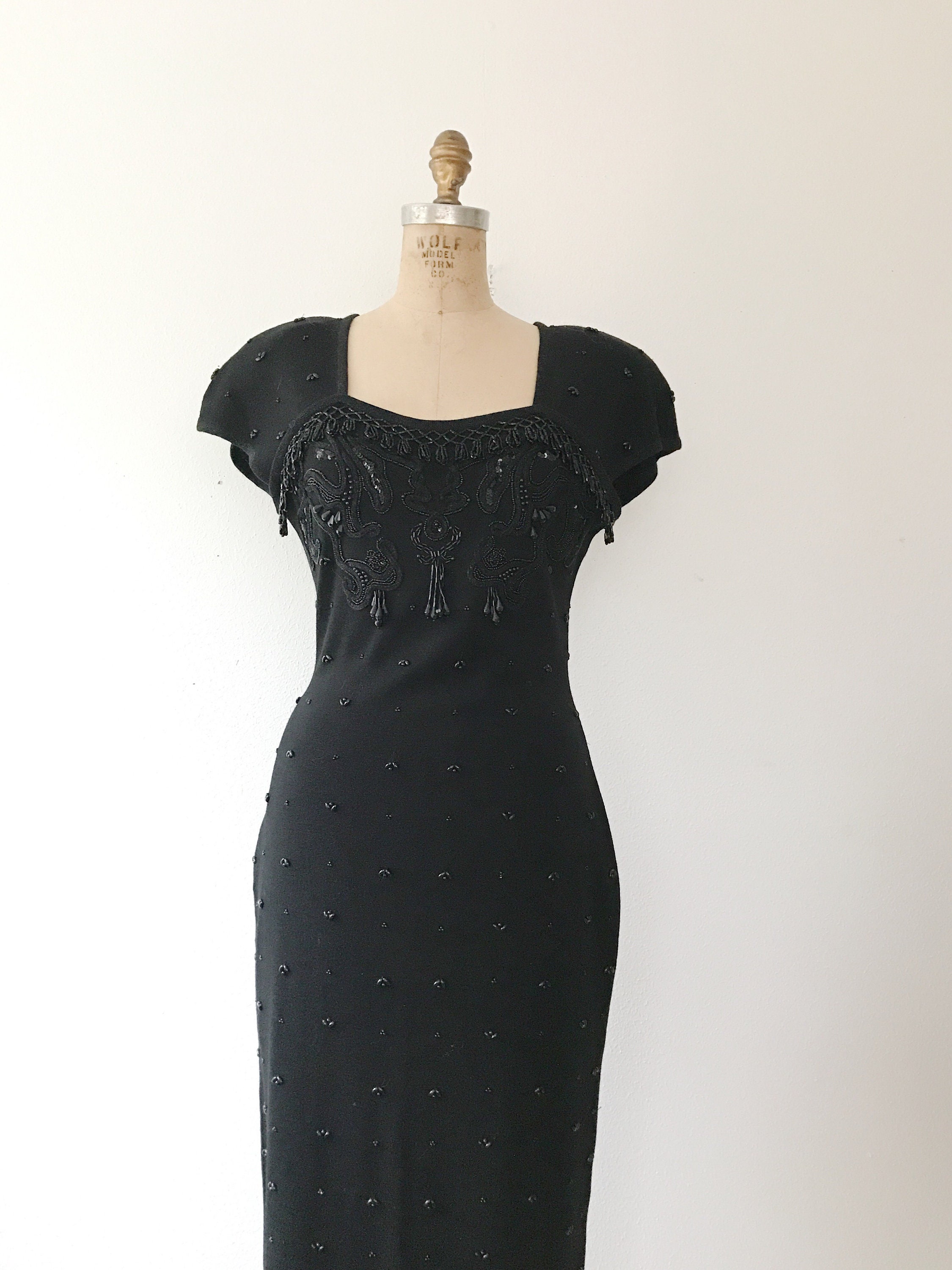 black beaded dress / vintage 80s dress / vintage sweater dress