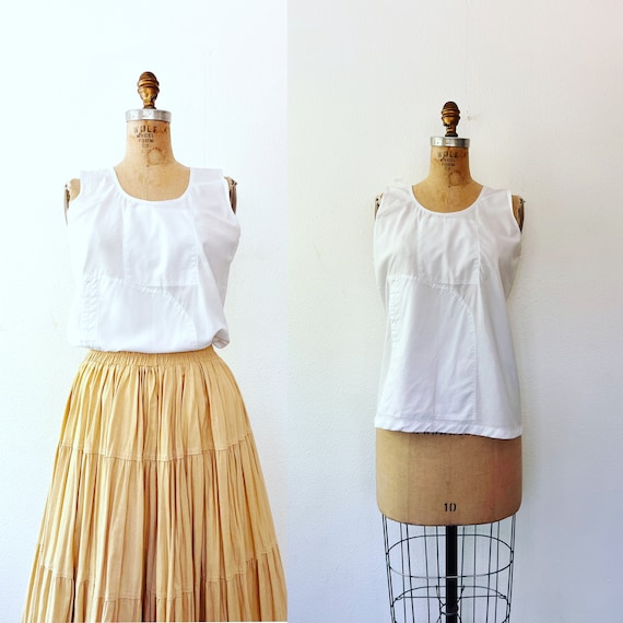 vintage cotton tank / white pocket blouse / 80s skimmer pocket tank