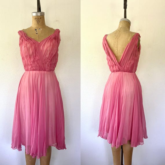 1950s vintage dress / pink silk dress / chiffon party dress
