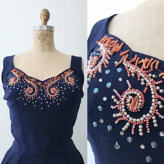 Moygashel dress / 1950s dress / beaded navy linen… - image 3