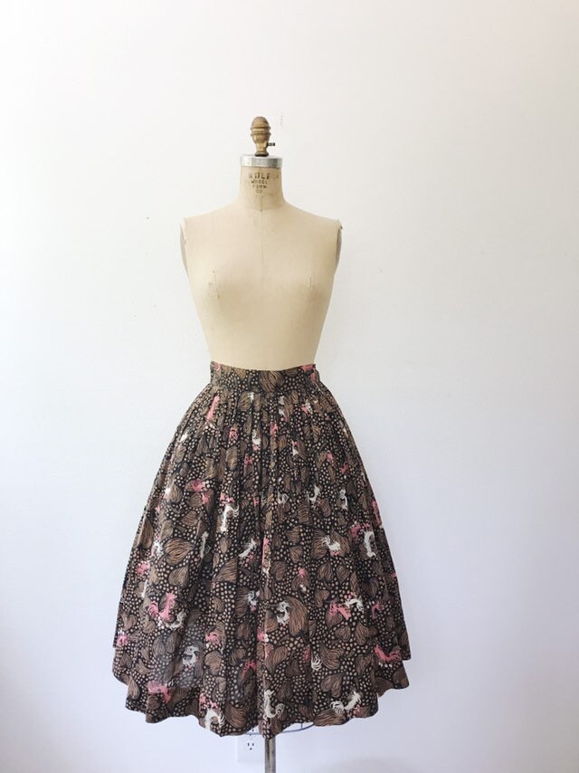 Novelty print skirt / vintage circle skirt / 50s Rooster skirt