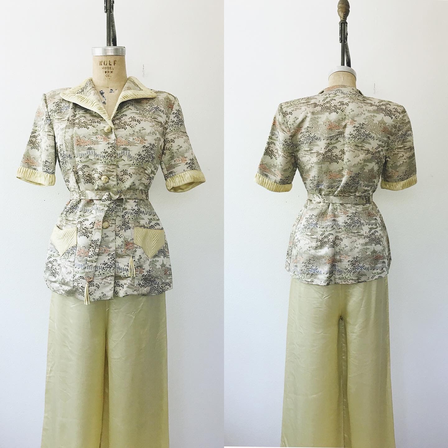 vintage silk pajamas / Chinoiserie silk pajamas / 40s Silk Cocktail Pajamas
