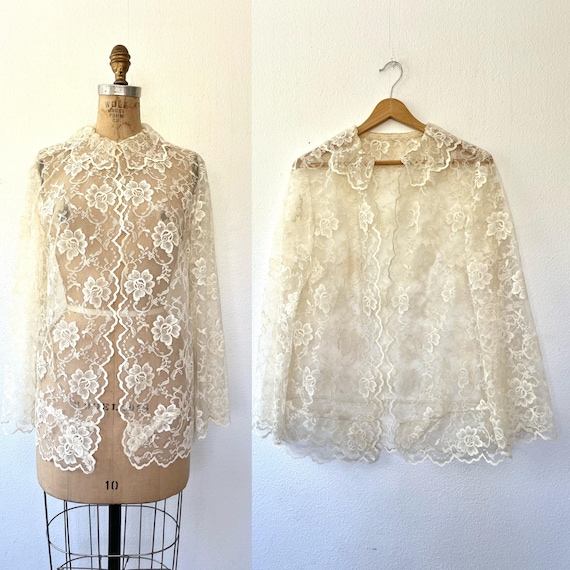 vintage lace blouse / floral lace jacket / 60s ruffled collar