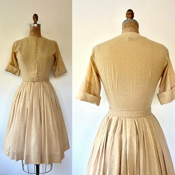 50s day dress / polka dot dress /vintage cotton shirtdress
