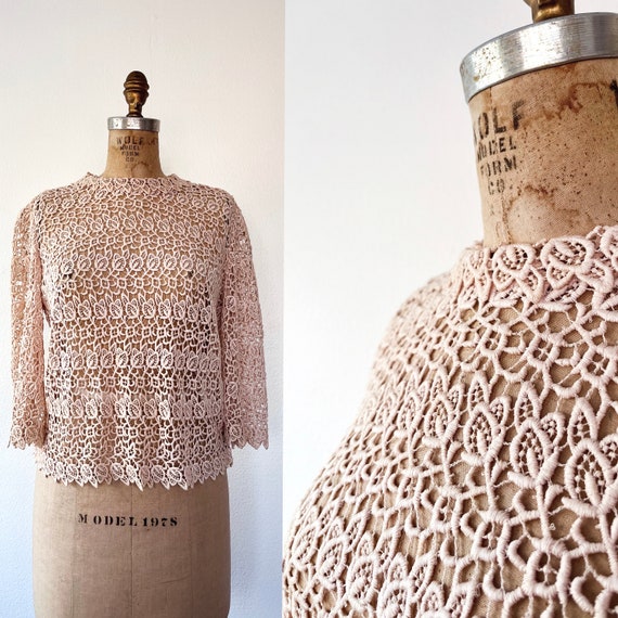 vintage lace blouse / embroidery lace blouse / 60s Lace blouse