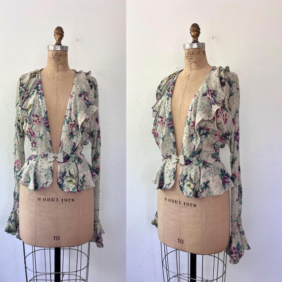 vintage silk print blouse / floral sheer jacket / Art Nouveau Silk blouse