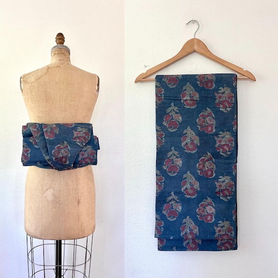 navy floral silk obi / vintage kimono obi / Nagoya Silk Brocade Obi