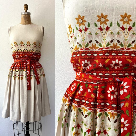 50s pleated dress / orange floral dress / Autumn Horizon dress
