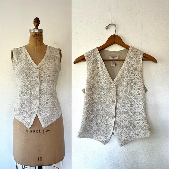 linen and lace vest / vintage 90s vest / lace waistcoat