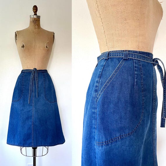 70s denim skirt / vintage wrap skirt / 70s denim wrap skirt