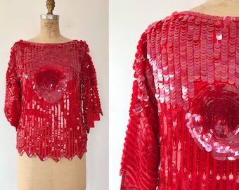 Rose Sequined blouse / vintage silk blouse / Flower Paillette blouse