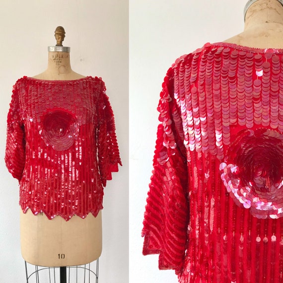 Rose Sequined blouse / vintage silk blouse / Flower Paillette blouse