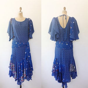 vintage ruffled dress / vintage 80s dress / blue print dress