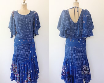 vintage ruffled dress / vintage 80s dress / blue print dress