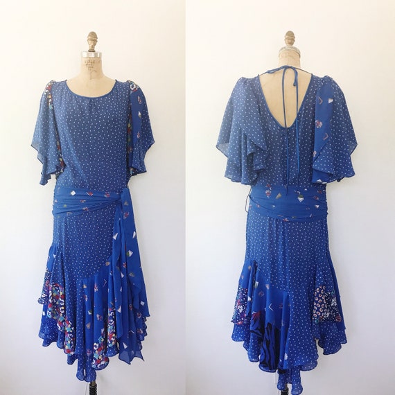 vintage ruffled dress / vintage 80s dress / blue print dress
