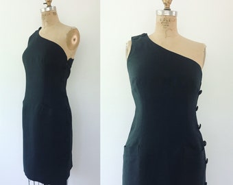 90s vintage dress / vintage little black dress / Kamisato One shoulder dress