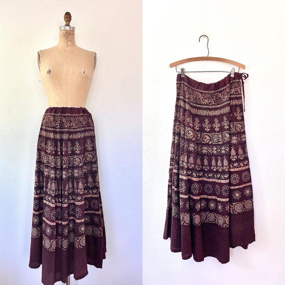 vintage block print skirt / vintage maxi skirt / Halasur skirt