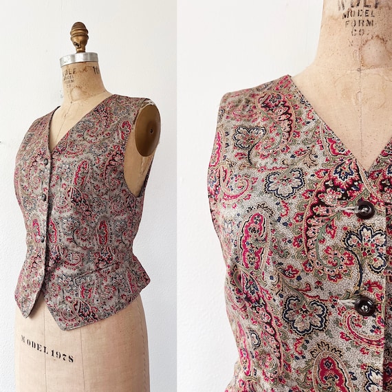 cotton vest / vintage Liz Claiborne waistcoat / Paisley Vest blouse