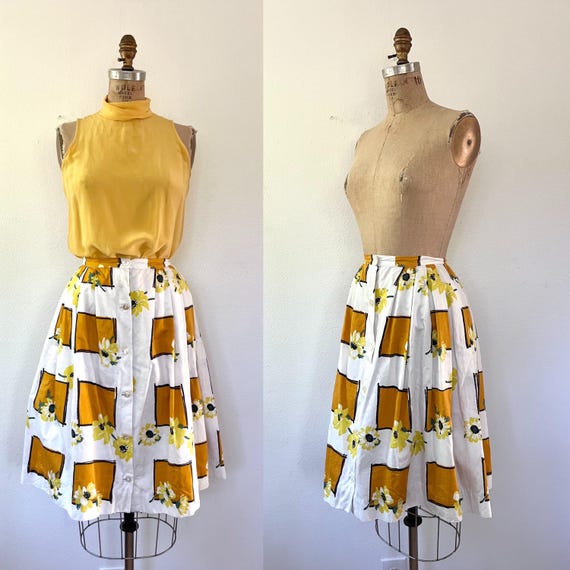 cotton print skirt / vintage 50s skirt / Sunflowers skirt