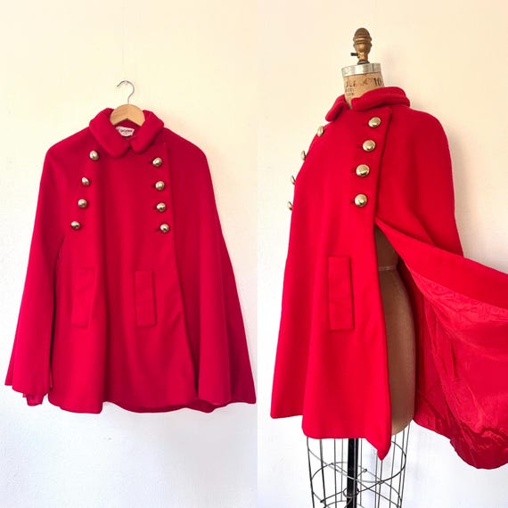 vintage cape / red wool coat / 60s Mod cloak cape