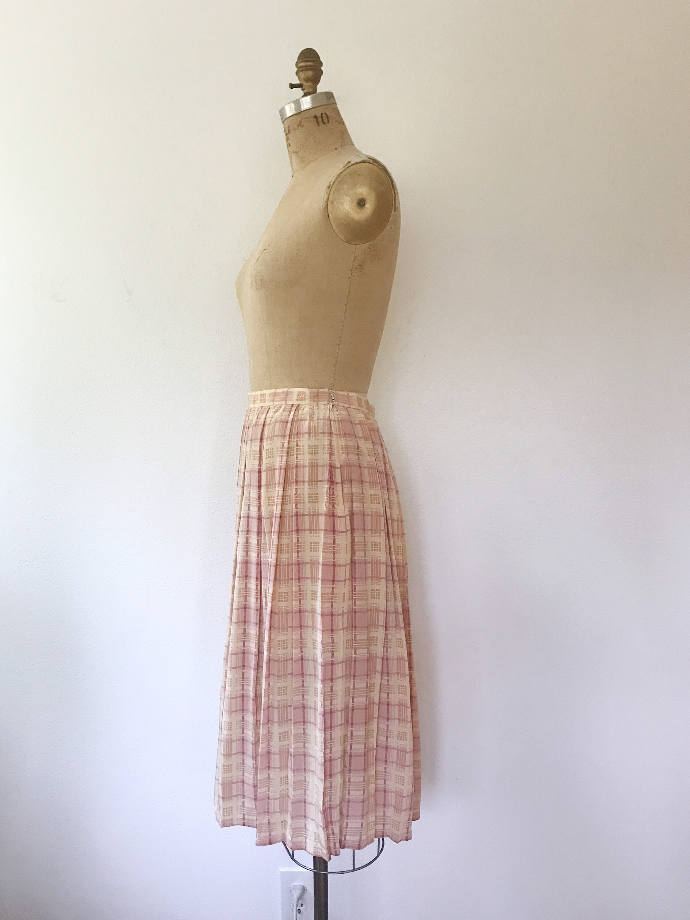vintage silk skirt / silk pleated skirt / peach plaid skirt