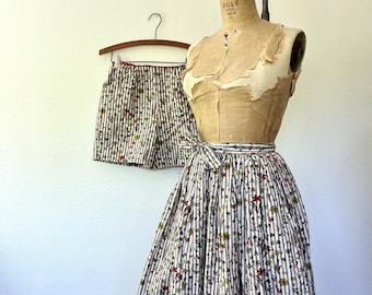 1950s two piece set / striped cotton skirt / floral shorts