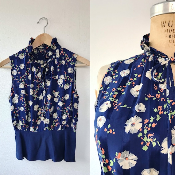 1930s silk blouse / vintage silk blouse / 30s navy floral blouse