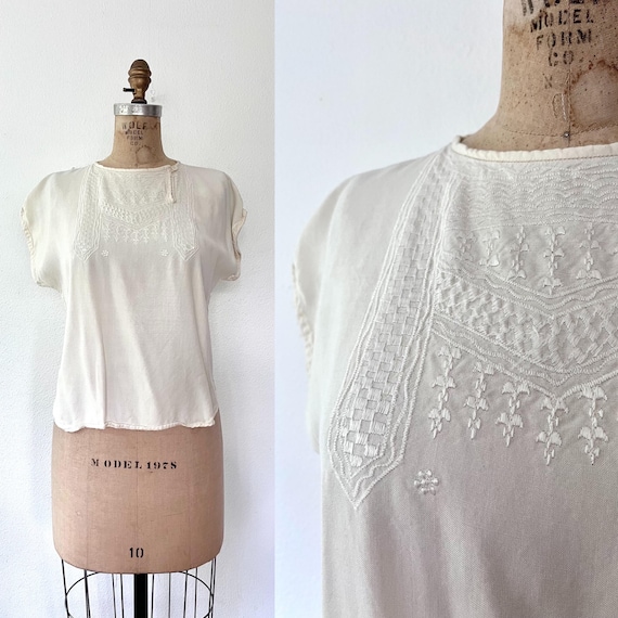 vintage rayon blouse / 80s cream blouse / pullover embroidered blouse