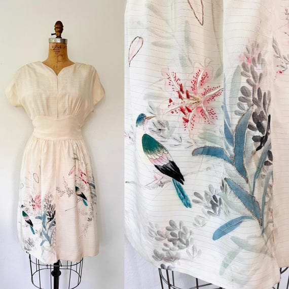 1950s vintage dress / vintage silk dress / Hand painted kimono dress