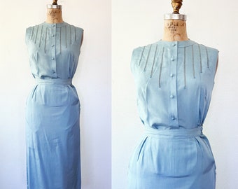 1950s dress / 50s silk two piece dress /Pale Periwinkle dress