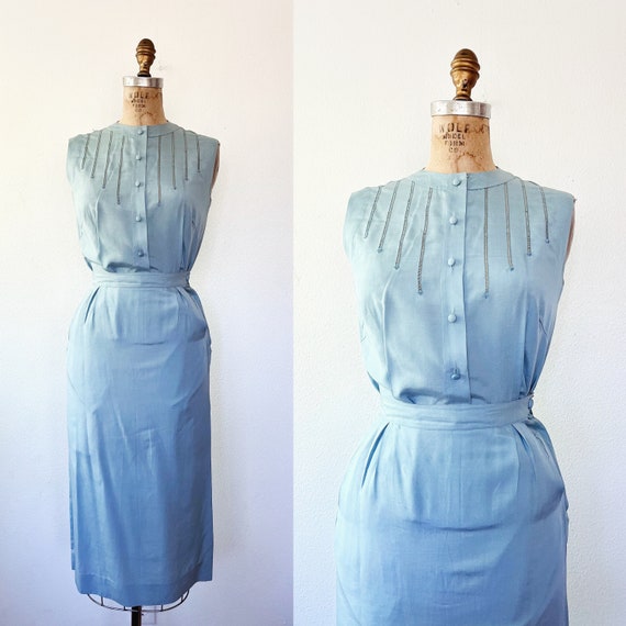 1950s dress / 50s silk two piece dress /Pale Periwinkle dress